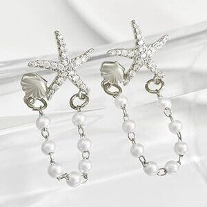 Starfish and Pearls Drop Earrings Seashell Beach Jewelry